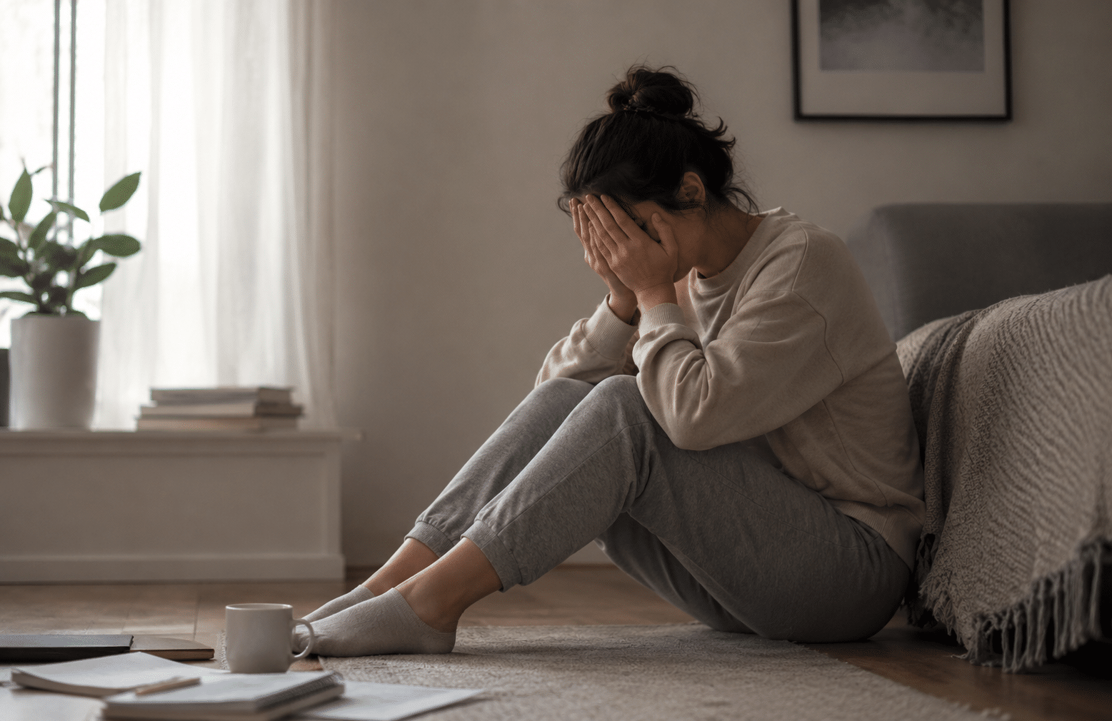 Erschöpfte Frau sitzt bei Stress und Energielosigkeit am Boden