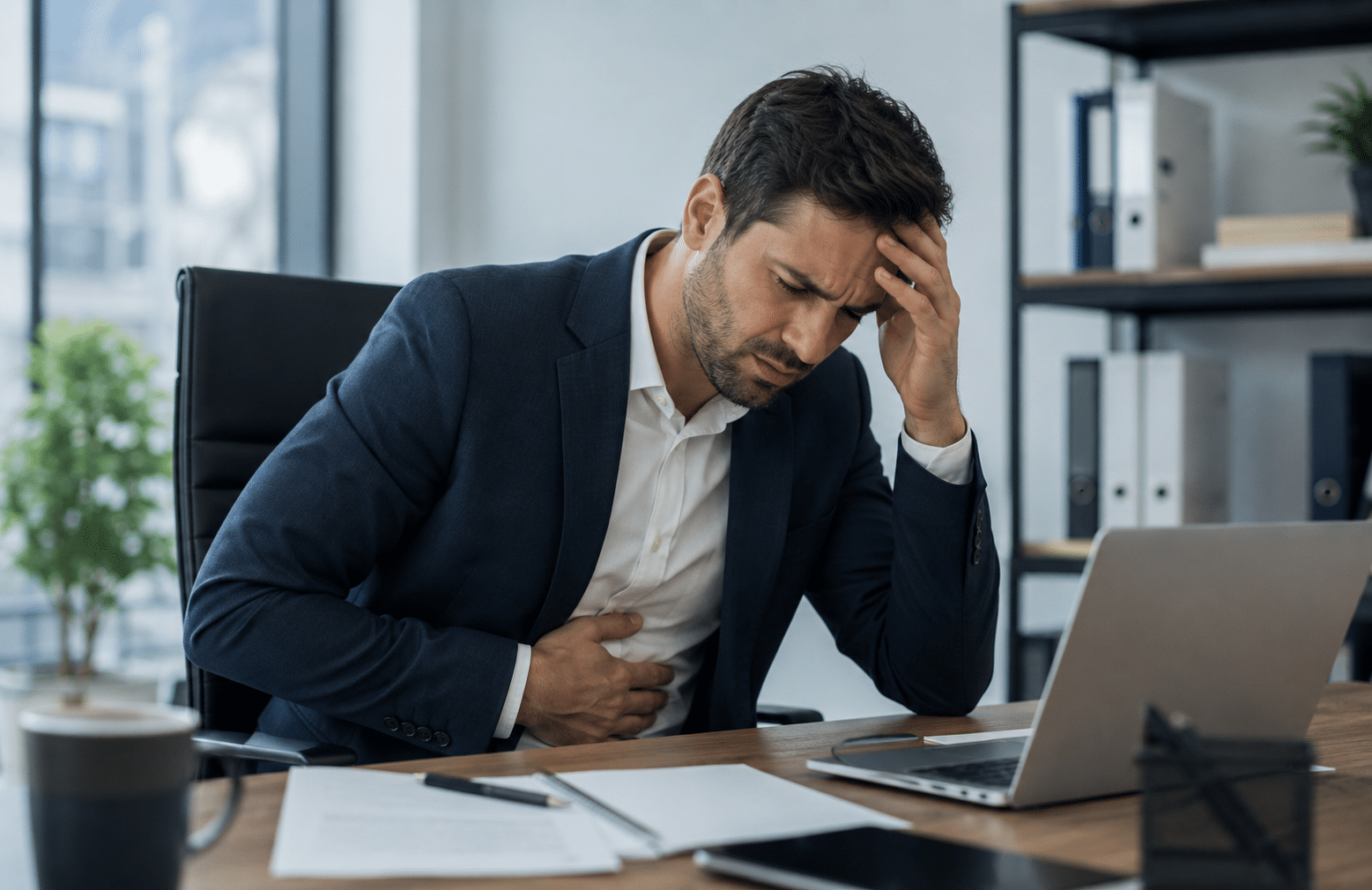 Mann mit Verdauungsbeschwerden und Müdigkeit am Arbeitsplatz