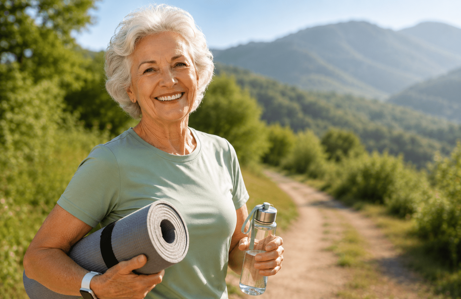 Aktive und fröhliche Seniorin beim Sport in der Natur