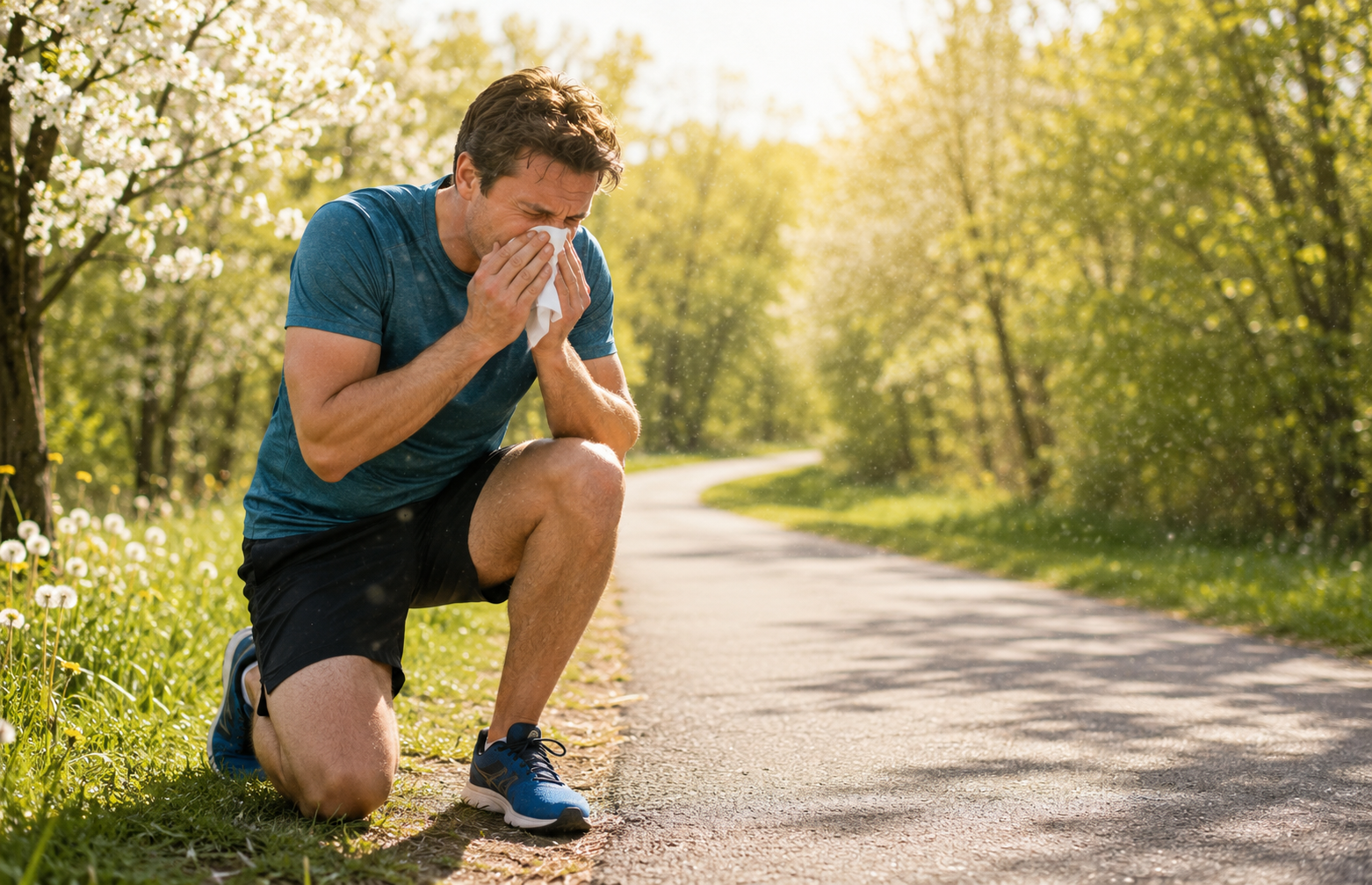Mann mit Pollenallergie beim Laufen in der Natur